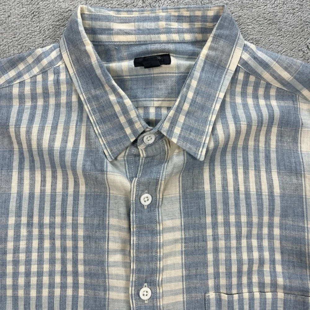 J. Crew Button Down Shirt Men L Blue Plaid Linen Blend Long Sleeve Casual